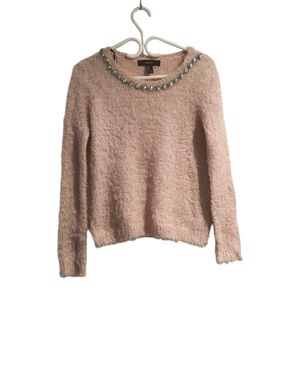 Forever 21 Blush Pink Fuzzy Crewneck Sweater with Jeweled Collar